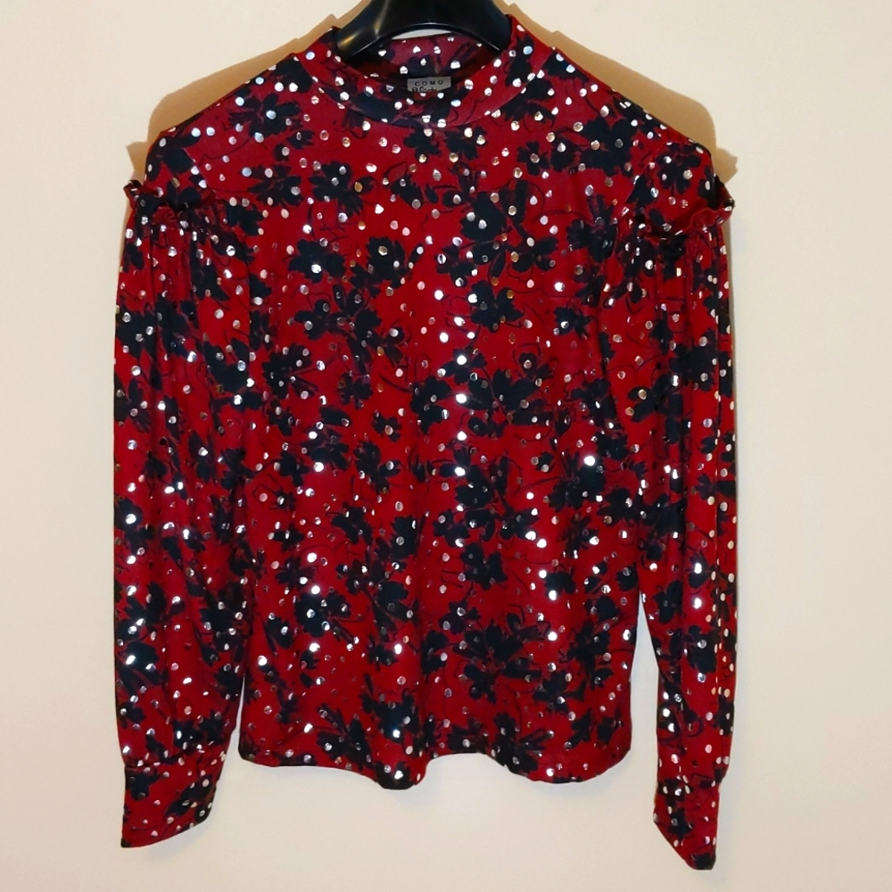 Como Vintage|Black and Red Mock Neck Blouse Silver Polka Dots Ruffled Shoulders